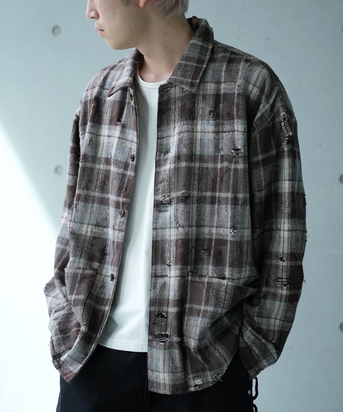 RATTLE TRAP（ラトルトラップ）の「ダメージネルチェックシャツブルゾン（シャツ/ブラウス・メンズ・ブラウン/ブラック/ネイビー・L/M/S）」の3枚目の写真