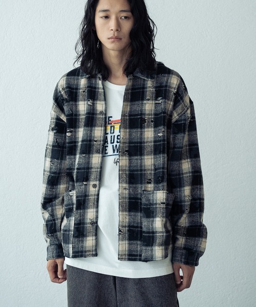 RATTLE TRAP（ラトルトラップ）の「ダメージネルチェックシャツブルゾン（シャツ/ブラウス・メンズ・ブラウン/ブラック/ネイビー・L/M/S）」の2枚目の写真