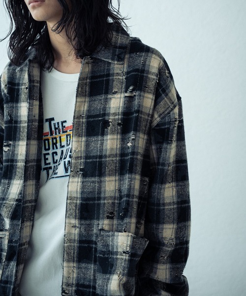 RATTLE TRAP（ラトルトラップ）の「ダメージネルチェックシャツブルゾン（シャツ/ブラウス・メンズ・ブラウン/ブラック/ネイビー・L/M/S）」の14枚目の写真