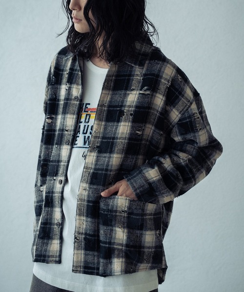 RATTLE TRAP（ラトルトラップ）の「ダメージネルチェックシャツブルゾン（シャツ/ブラウス・メンズ・ブラウン/ブラック/ネイビー・L/M/S）」の15枚目の写真