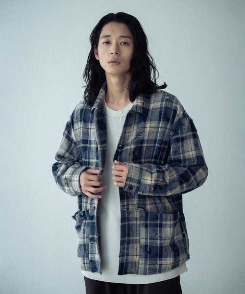 RATTLE TRAP（ラトルトラップ）の「ダメージネルチェックシャツブルゾン（シャツ/ブラウス・メンズ・ブラウン/ブラック/ネイビー・L/M/S）」の5枚目の写真