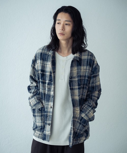 RATTLE TRAP（ラトルトラップ）の「ダメージネルチェックシャツブルゾン（シャツ/ブラウス・メンズ・ブラウン/ブラック/ネイビー・L/M/S）」の6枚目の写真