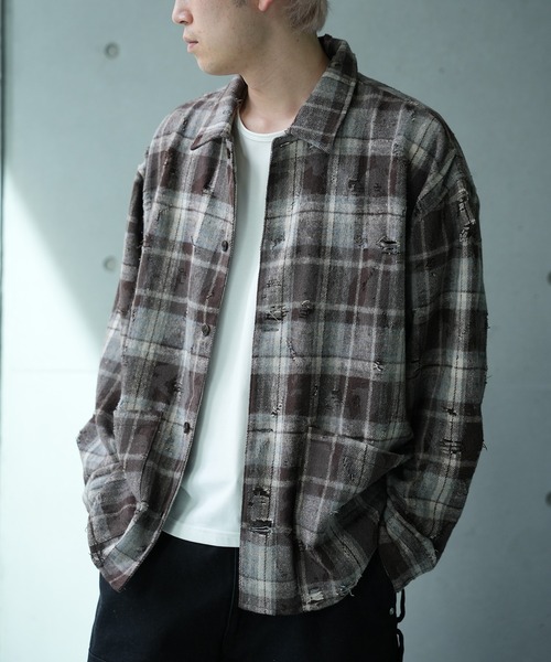 RATTLE TRAP（ラトルトラップ）の「ダメージネルチェックシャツブルゾン（シャツ/ブラウス・メンズ・ブラウン/ブラック/ネイビー・L/M/S）」の21枚目の写真