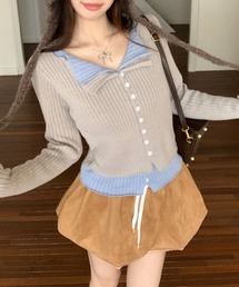 フェイクレイヤード 配色 リブ ニットプルオーバー
