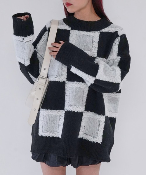 Uenui(ウニュイ)の「【 cunii 】 checkered cube knit top(ニット/セーター・レディース・イエロー/ブルー/ホワイト・FREE)」の2枚目の写真