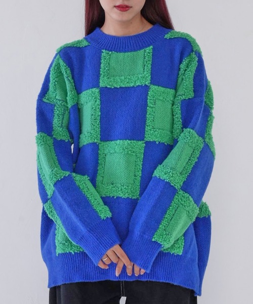 Uenui(ウニュイ)の「【 cunii 】 checkered cube knit top(ニット/セーター・レディース・イエロー/ブルー/ホワイト・FREE)」の3枚目の写真