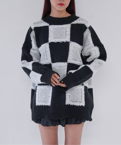 Uenui(ウニュイ)の「【 cunii 】 checkered cube knit top(ニット/セーター・レディース・イエロー/ブルー/ホワイト・FREE)」の5枚目の写真