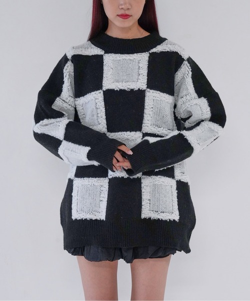 Uenui(ウニュイ)の「【 cunii 】 checkered cube knit top(ニット/セーター・レディース・イエロー/ブルー/ホワイト・FREE)」の6枚目の写真