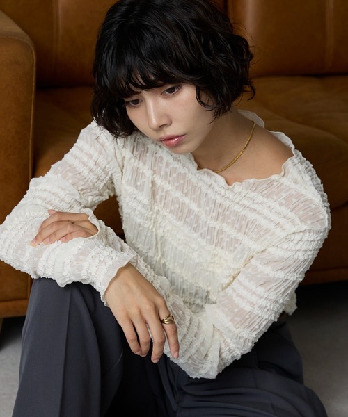 セール】Lace Sheer Frill Top / レースシアーフリルトップス