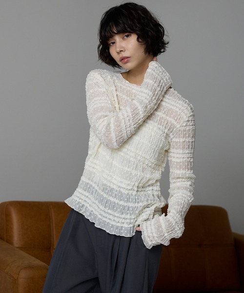 SOTT(ソット)の「Lace Sheer Frill Top / レースシアーフリルトップス(シャツ/ブラウス・レディース・アイボリー/ブラック・FREE)」の3枚目の写真