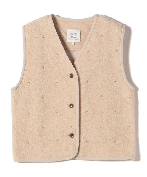 セール】【SHIPS別注】assiette:ウール混 ボア 刺繍 ベスト（ベスト