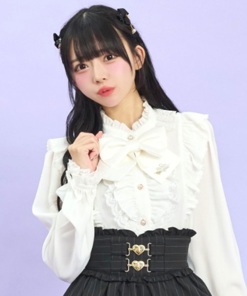 Secret Honey（シークレットハニー）の「スタンドカラーダブルフリルブラウス（シャツ/ブラウス・レディース・ブラック/オフホワイト・MEDIUM）」の2枚目の写真