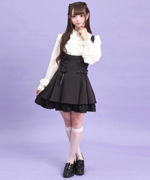 Secret Honey（シークレットハニー）の「スタンドカラーダブルフリルブラウス（シャツ/ブラウス・レディース・ブラック/オフホワイト・MEDIUM）」の3枚目の写真