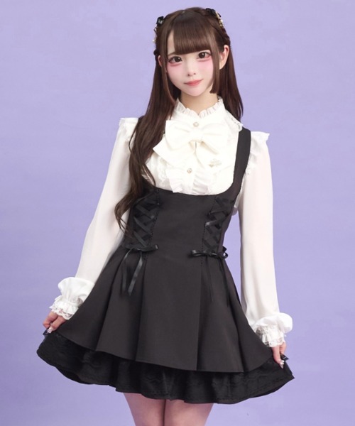 Secret Honey（シークレットハニー）の「スタンドカラーダブルフリルブラウス（シャツ/ブラウス・レディース・ブラック/オフホワイト・MEDIUM）」の4枚目の写真