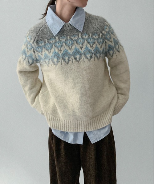 on:nue（オンニュ）の「【on:nue】[お気に入り登録数3,000突破！][選べる4色展開] ウール混ノルディックラグランプルオーバーニット（ニット/セーター・レディース・ネイビー/アイボリー/レッド/ブラウン・FREE）」の2枚目の写真