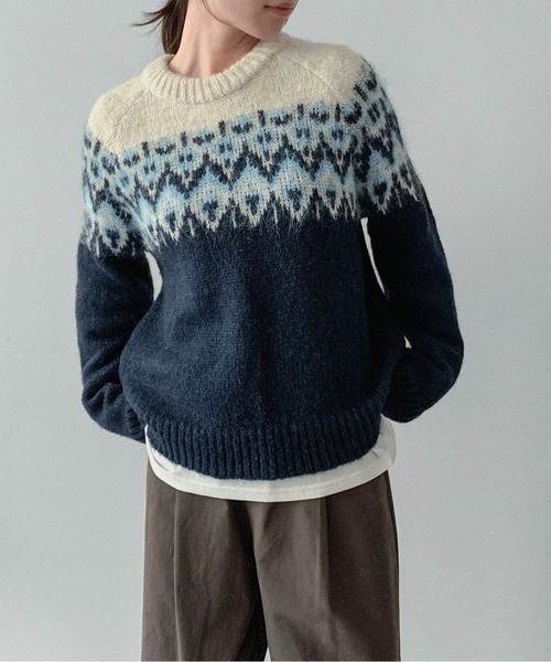 on:nue（オンニュ）の「【on:nue】[お気に入り登録数3,000突破！][選べる4色展開] ウール混ノルディックラグランプルオーバーニット（ニット/セーター・レディース・ネイビー/アイボリー/レッド/ブラウン・FREE）」の12枚目の写真