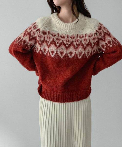 on:nue（オンニュ）の「【on:nue】[お気に入り登録数3,000突破！][選べる4色展開] ウール混ノルディックラグランプルオーバーニット（ニット/セーター・レディース・ネイビー/アイボリー/レッド/ブラウン・FREE）」の21枚目の写真