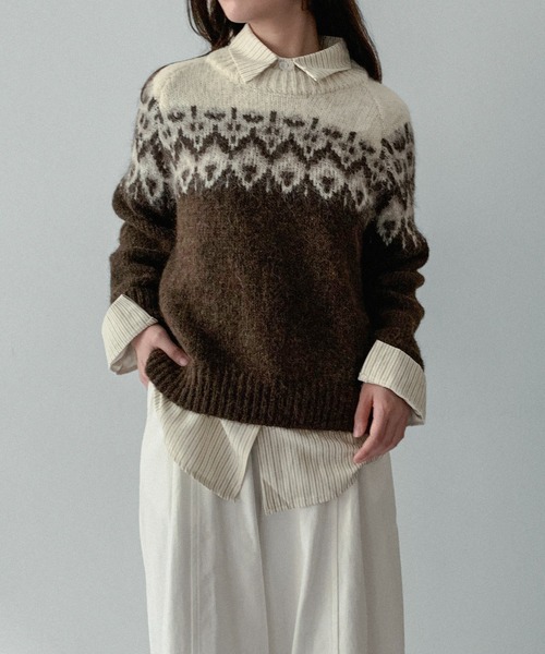 on:nue（オンニュ）の「【on:nue】[お気に入り登録数3,000突破！][選べる4色展開] ウール混ノルディックラグランプルオーバーニット（ニット/セーター・レディース・ネイビー/アイボリー/レッド/ブラウン・FREE）」の5枚目の写真