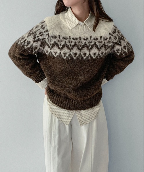 on:nue（オンニュ）の「【on:nue】[お気に入り登録数3,000突破！][選べる4色展開] ウール混ノルディックラグランプルオーバーニット（ニット/セーター・レディース・ネイビー/アイボリー/レッド/ブラウン・FREE）」の6枚目の写真