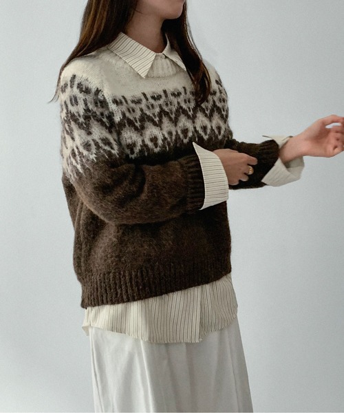 on:nue（オンニュ）の「【on:nue】[お気に入り登録数3,000突破！][選べる4色展開] ウール混ノルディックラグランプルオーバーニット（ニット/セーター・レディース・ネイビー/アイボリー/レッド/ブラウン・FREE）」の7枚目の写真