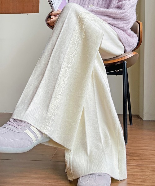 ONEP STAR(ワンピスター)の「レースサイドプリーツ編みワイドパンツ(その他パンツ・レディース・ベージュ/ブラック/オフホワイト・FREE)」の4枚目の写真