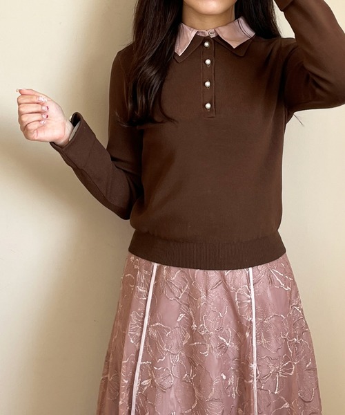 MISCH MASCH（ミッシュマッシュ）の「WEB限定 2025秋冬新作 配色シャツレイヤードニット（ニット/セーター・レディース・ライトブルー/ブラウン/ネイビー・ﾌﾘ-）」の4枚目の写真