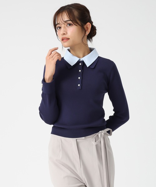 MISCH MASCH（ミッシュマッシュ）の「WEB限定 2025秋冬新作 配色シャツレイヤードニット（ニット/セーター・レディース・ライトブルー/ブラウン/ネイビー・ﾌﾘ-）」の18枚目の写真