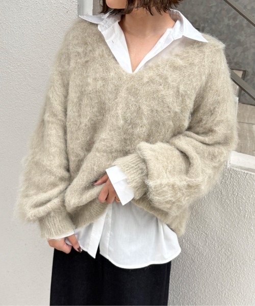 SOELA（ソエラ）の「【INGNI  SOELA】ミックスシャギーVネックニット／WEB限定（ニット/セーター・レディース・チャコールグレー/カーキ/ライトベージュ・M）」の9枚目の写真