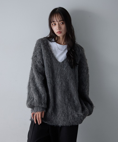 SOELA（ソエラ）の「【INGNI  SOELA】ミックスシャギーVネックニット／WEB限定（ニット/セーター・レディース・チャコールグレー/カーキ/ライトベージュ・M）」の19枚目の写真