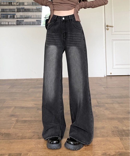 kirakiraShop(キラキラショップ)の「裏起毛 ヴィンテージ ウォッシュ デニム パンツ(デニムパンツ・レディース・ブラック・S/M/L)」の2枚目の写真