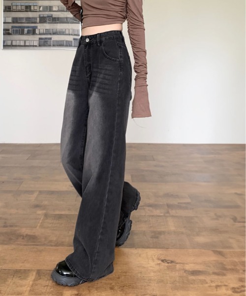 kirakiraShop(キラキラショップ)の「裏起毛 ヴィンテージ ウォッシュ デニム パンツ(デニムパンツ・レディース・ブラック・S/M/L)」の3枚目の写真