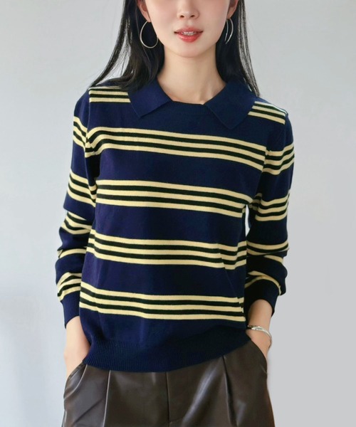 Jewelobe(ジュエローブ)の「カラードッキングマルチボーダーニット(ニット/セーター・レディース・グレー/ブルー/レッド/ネイビー・FREE)」の2枚目の写真