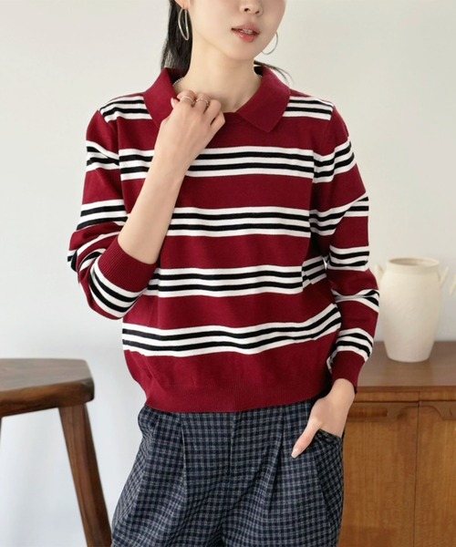 Jewelobe(ジュエローブ)の「カラードッキングマルチボーダーニット(ニット/セーター・レディース・グレー/ブルー/レッド/ネイビー・FREE)」の4枚目の写真