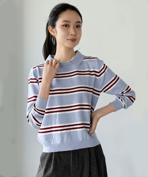 Jewelobe(ジュエローブ)の「カラードッキングマルチボーダーニット(ニット/セーター・レディース・グレー/ブルー/レッド/ネイビー・FREE)」の5枚目の写真