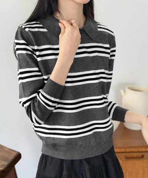Jewelobe(ジュエローブ)の「カラードッキングマルチボーダーニット(ニット/セーター・レディース・グレー/ブルー/レッド/ネイビー・FREE)」の20枚目の写真