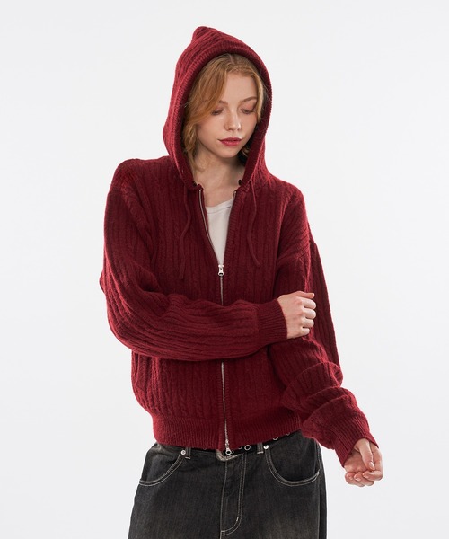 WISH FOR EVER(ウィッシュフォーエバー)の「【 4color / 3size 】REMOVABLE FAUX FUR,FEEL-GOOD CABLE KNIT HOODIE(パーカー・メンズ・グレー/ネイビー/ブラウン/バーガンディー・SMALL/MEDIUM/LARGE)」の4枚目の写真