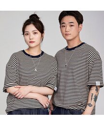 スリーブポイントストライプ半袖Tシャツ(ネイビー)