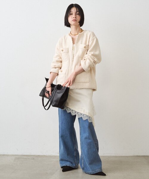LOUNGEDRESS(ラウンジドレス)の「ファンシーツイードジャケット(ノーカラージャケット・レディース・オフホワイト/ネイビー/ブラック・FREE)」の5枚目の写真