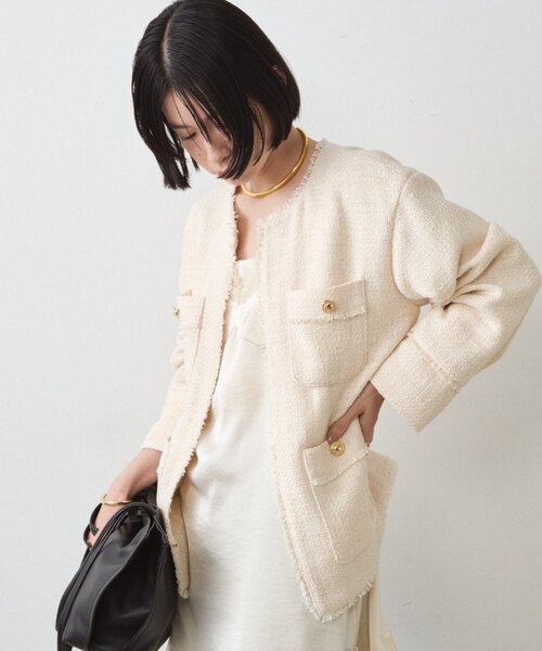 LOUNGEDRESS(ラウンジドレス)の「ファンシーツイードジャケット(ノーカラージャケット・レディース・オフホワイト/ネイビー/ブラック・FREE)」の14枚目の写真