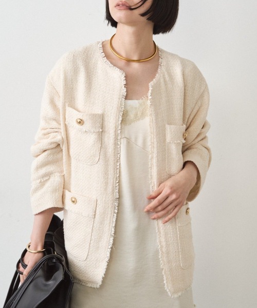 LOUNGEDRESS(ラウンジドレス)の「ファンシーツイードジャケット(ノーカラージャケット・レディース・オフホワイト/ネイビー/ブラック・FREE)」の1枚目の写真