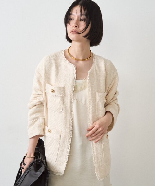LOUNGEDRESS(ラウンジドレス)の「ファンシーツイードジャケット(ノーカラージャケット・レディース・オフホワイト/ネイビー/ブラック・FREE)」の4枚目の写真