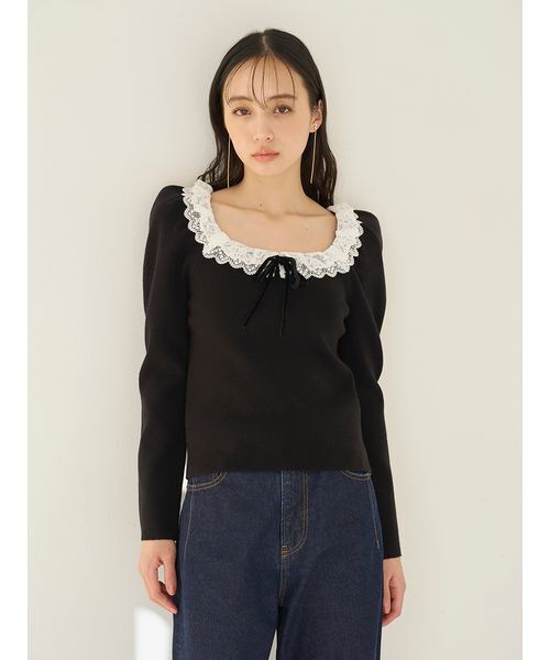 SNIDEL(スナイデル)の「【USAGIONLINE/ZOZOTOWN限定】フリルネックニットプルオーバー(ニット/セーター・レディース・ブラック・F)」の2枚目の写真