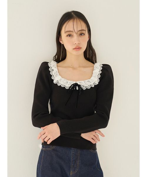 SNIDEL(スナイデル)の「【USAGIONLINE/ZOZOTOWN限定】フリルネックニットプルオーバー(ニット/セーター・レディース・ブラック・F)」の12枚目の写真