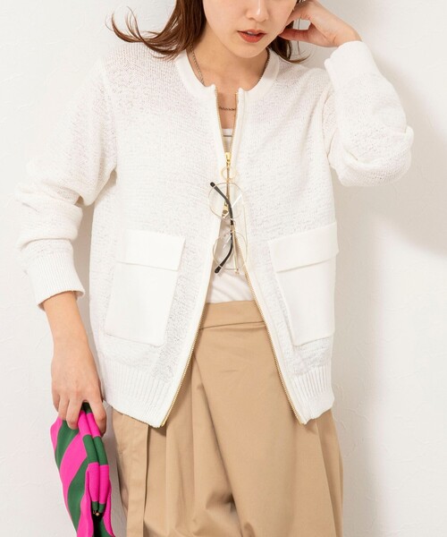 Rie Miller(リエミラー)の「《手洗い可能》テープヤーンZIP UPカーディガン(カーディガン/ボレロ・レディース・ブラック/ホワイト/ベージュ・38)」の2枚目の写真
