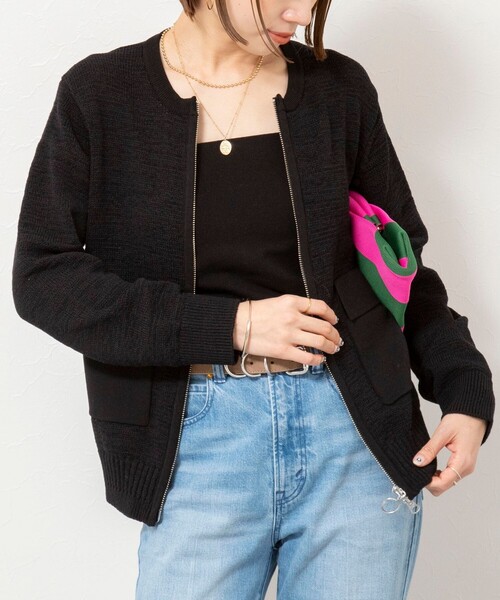 Rie Miller(リエミラー)の「《手洗い可能》テープヤーンZIP UPカーディガン(カーディガン/ボレロ・レディース・ブラック/ホワイト/ベージュ・38)」の1枚目の写真