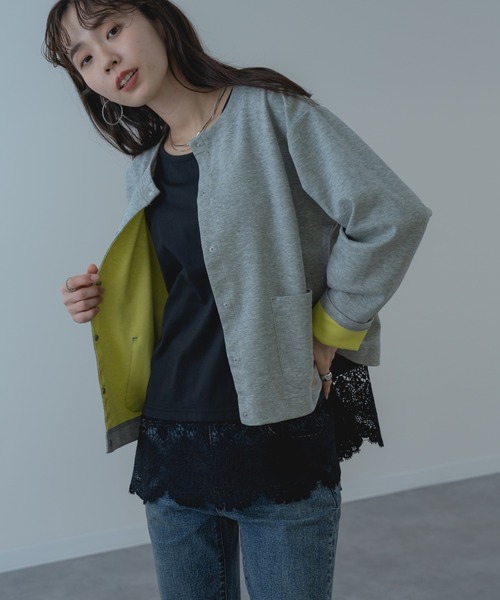 refinedworks(リファインドワークス)の「【refinedworks】配色 が可愛い ダブルフェイス カーディガン(カーディガン/ボレロ・レディース・ブラック/グレー・FREE)」の8枚目の写真