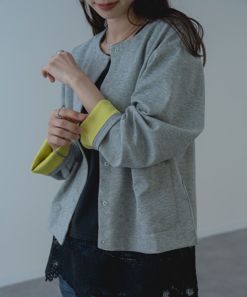 refinedworks(リファインドワークス)の「【refinedworks】配色 が可愛い ダブルフェイス カーディガン(カーディガン/ボレロ・レディース・ブラック/グレー・FREE)」の9枚目の写真
