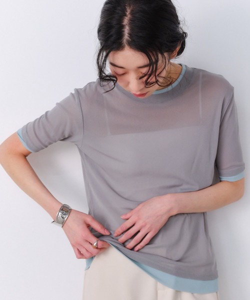 Shelly island(シェリーアイランド)の「パワーメッシュシアーバイカラーTシャツ(Tシャツ/カットソー・レディース・ピンク/グレー/ブラック/ホワイト・FREE)」の3枚目の写真