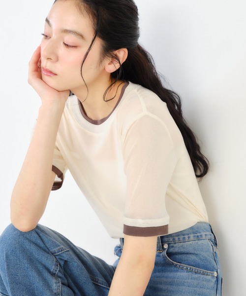 Shelly island(シェリーアイランド)の「パワーメッシュシアーバイカラーTシャツ(Tシャツ/カットソー・レディース・ピンク/グレー/ブラック/ホワイト・FREE)」の1枚目の写真