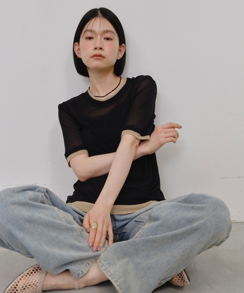 Shelly island(シェリーアイランド)の「パワーメッシュシアーバイカラーTシャツ(Tシャツ/カットソー・レディース・ピンク/グレー/ブラック/ホワイト・FREE)」の2枚目の写真